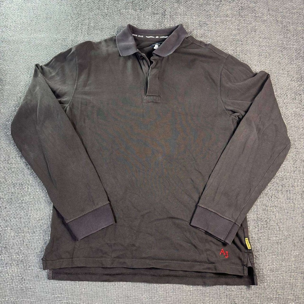 Armani Jeans Polo Shirt Mens L Black Long Sleeve Cotton Logo J439